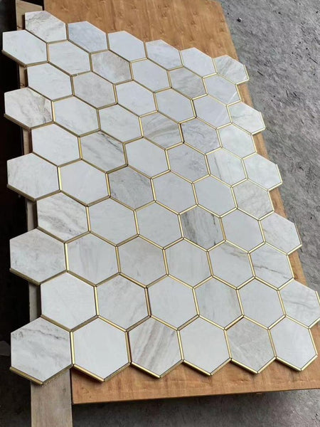 Natural Stone Carrara Gold Trim Mosaic Sheet - Carrara Hexa Gold