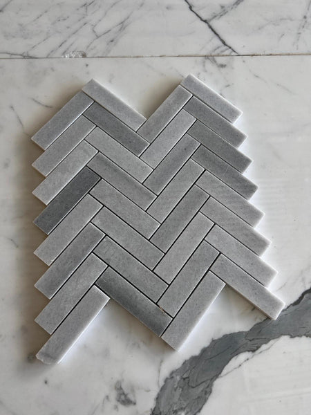 Natural Stone Silver Marble Herringbone Mosaic Sheet - Silver Carrara Herringbone