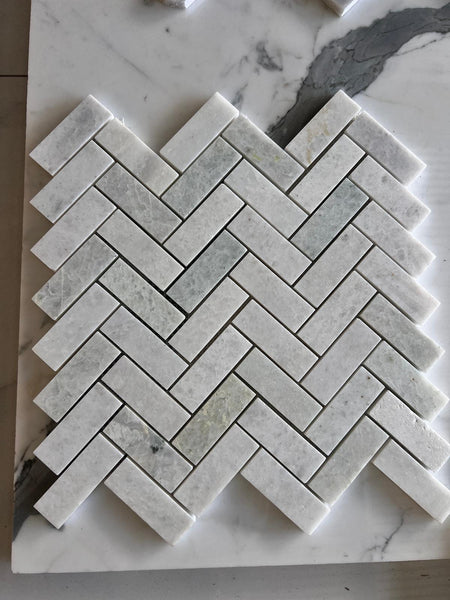 Natural Stone Pure Carrara Herringbone Mosaic Sheet - Pure Carrara Herringbone