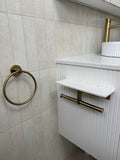 Round Deluxe Double Toilet Paper Holder with Carrara Stone Shelf - Brushed Gold