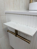 Round Deluxe Double Toilet Paper Holder with Carrara Stone Shelf - Brushed Gold